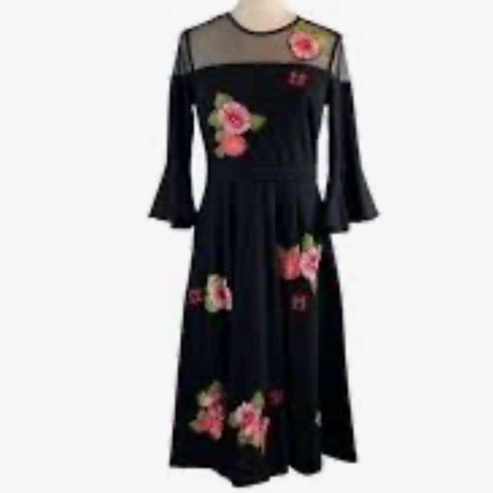 eShakti Black Sheer Fit Flare Dress below sleeve  Embroidered Pink Floral XL 16